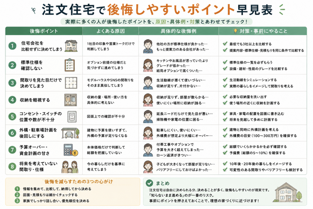 注文住宅で後悔しやすいポイントをまとめた早見表