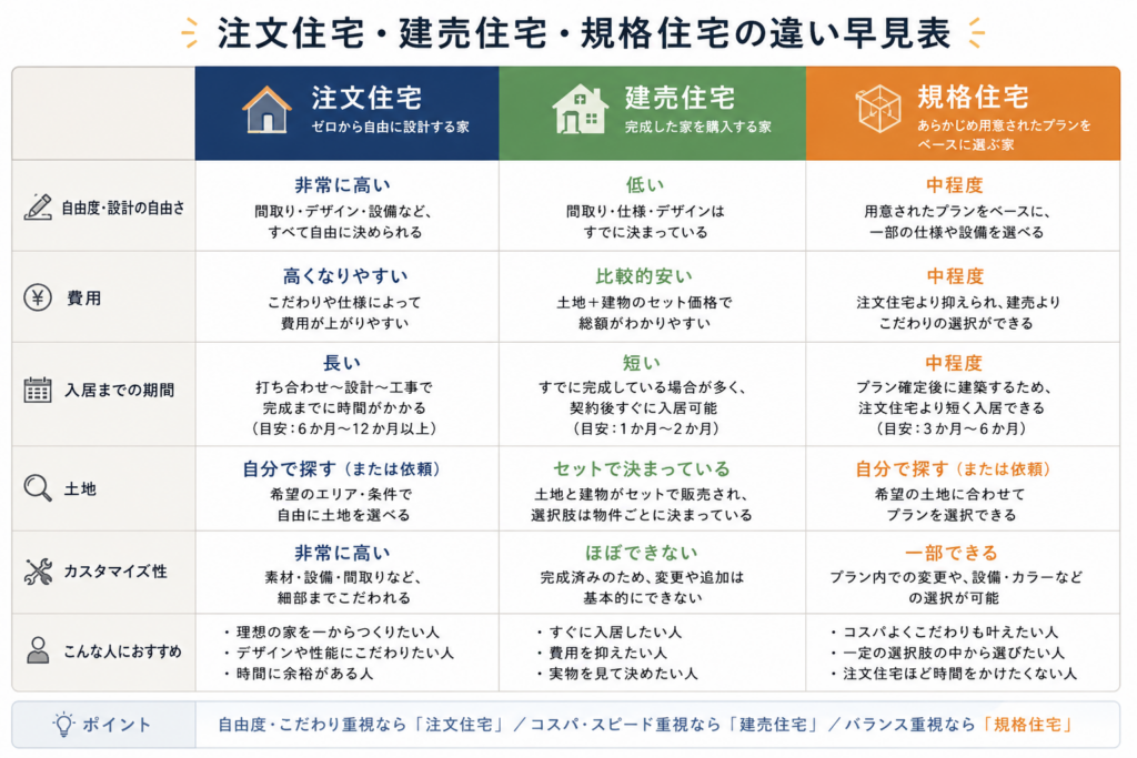 注文住宅・建売住宅・規格住宅の違いを比較した早見表