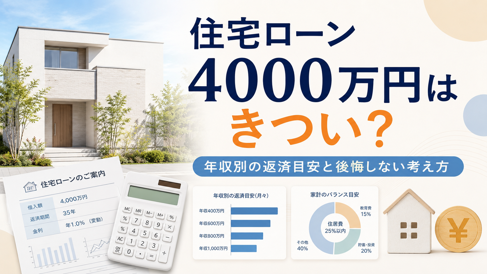 住宅ローン4000万円はきつい？年収別の返済目安と後悔しない考え方